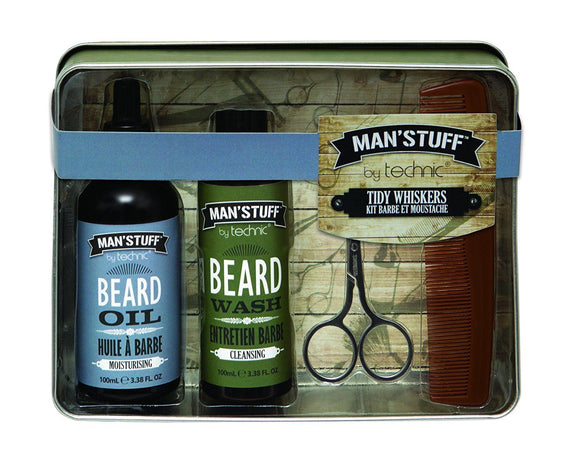 Technic Man'Stuff Tidy Whiskers 4pc Beard Grooming Kit Xmas Gift Set For Him